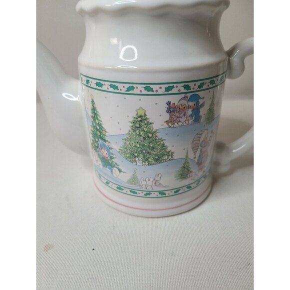Vintage Precious Moments Enesco Christmas Tree Tea Pot  White Porcelain Holiday - Picture 2 of 10